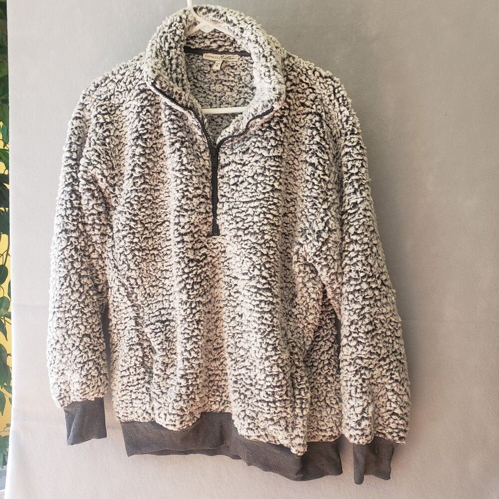 Express One Eleven Sherpa Fleece Pullover Small Faux Fur Womens Jacket Gray